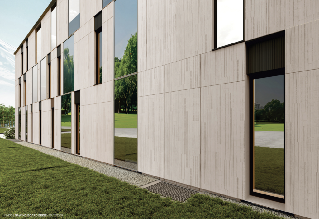 Contemporary building exterior adorned with luxury tiles in Gurgaon, featuring beige textured panels and large glass windows for a premium architectural look.